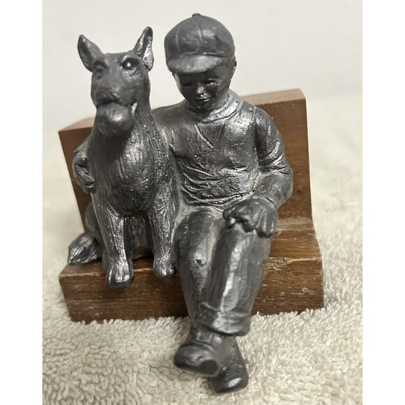 Michael Ricker Pewter Boy and HIs Puppy Dog With Ball Miniature Figurine - Picture 1 of 11